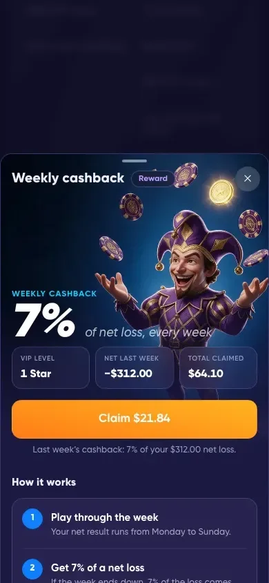 A reward drawer from the mock on a phone: an illustrated character, the reward amount and a claim button