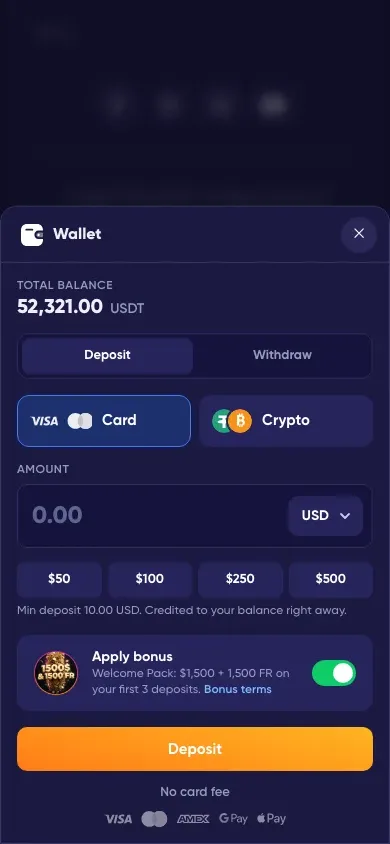 The mock wallet on a phone: balance, Card and Crypto methods, amount field and a Deposit button
