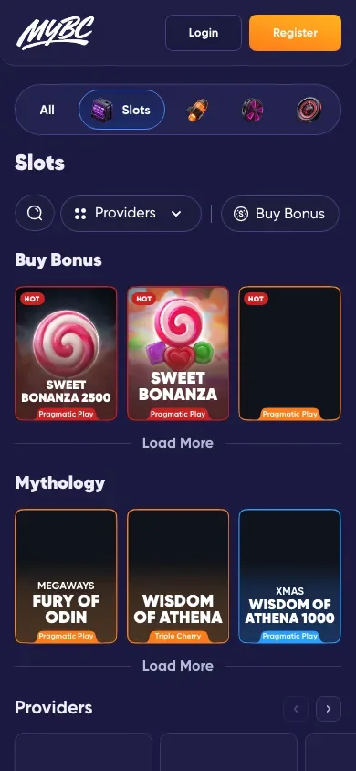 The redesigned MYBC casino on a phone, first screen: category rails and the slots grid