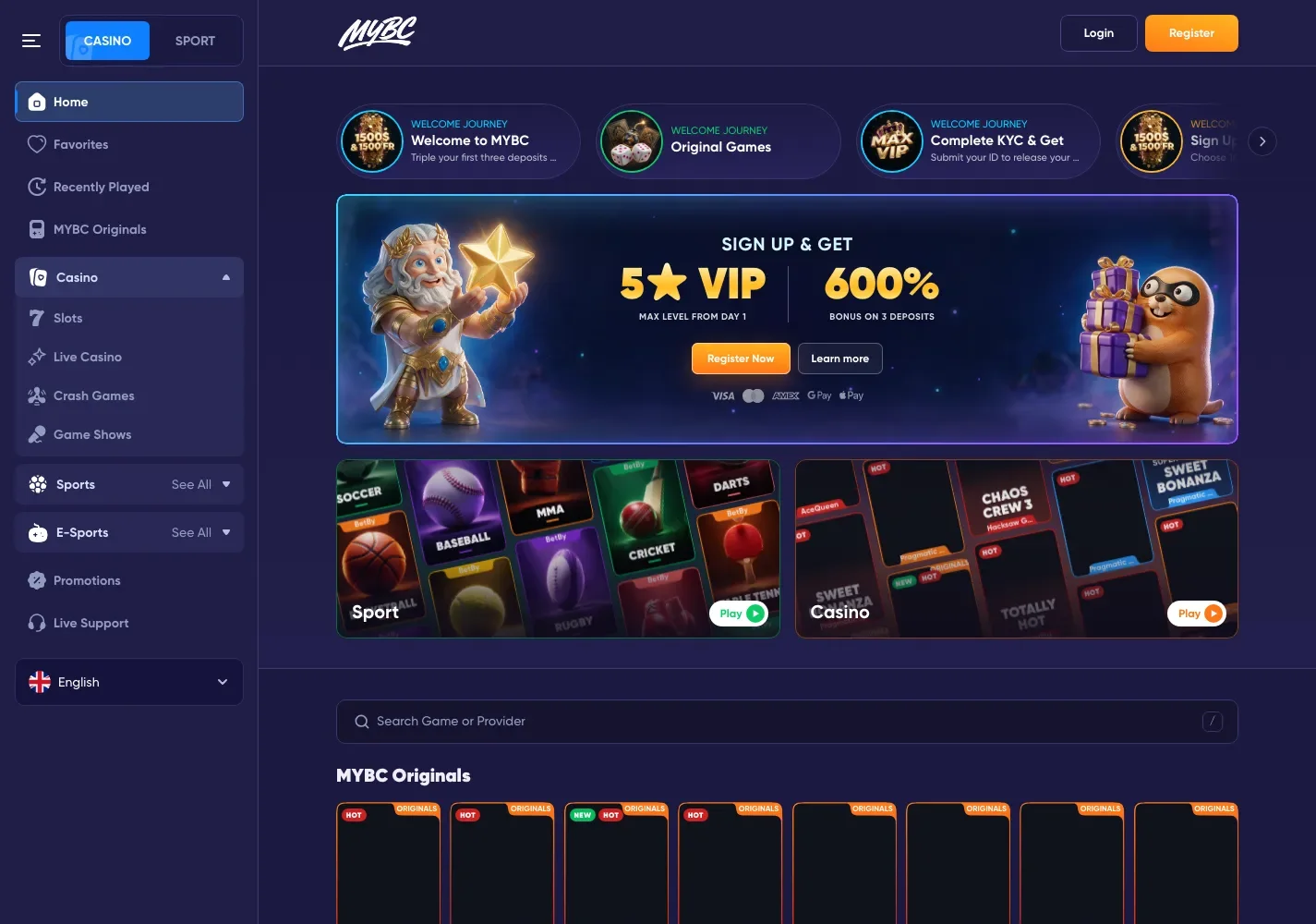 The redesigned MYBC home on desktop, first screen: story rail, first-deposit banner, Sport and Casino tiles