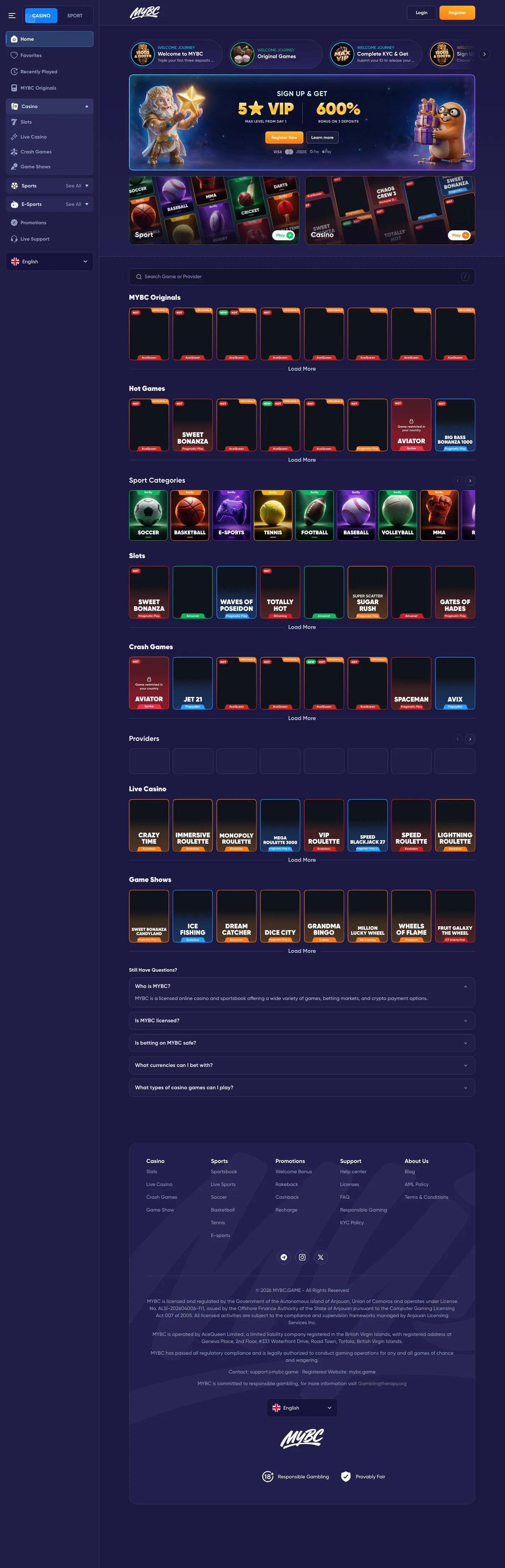 The redesigned MYBC home page on desktop: story rail, first-deposit banner, Sport and Casino tiles and game rows on a navy ground