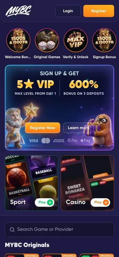 The redesigned MYBC home on a phone, first screen: story pills and the first-deposit banner