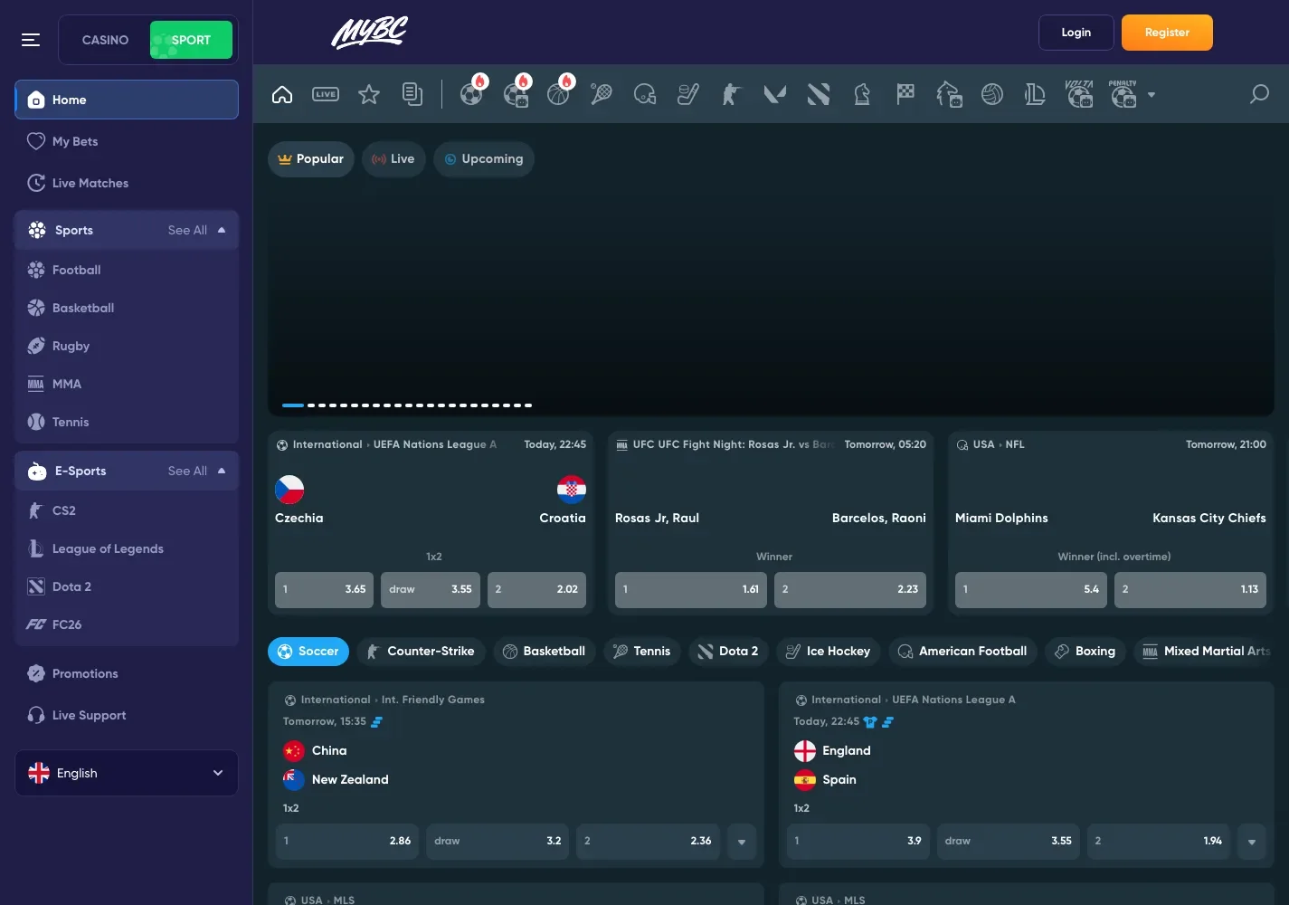 The redesigned sport page with a row of sport category cards, each sport rendered as a 3D object