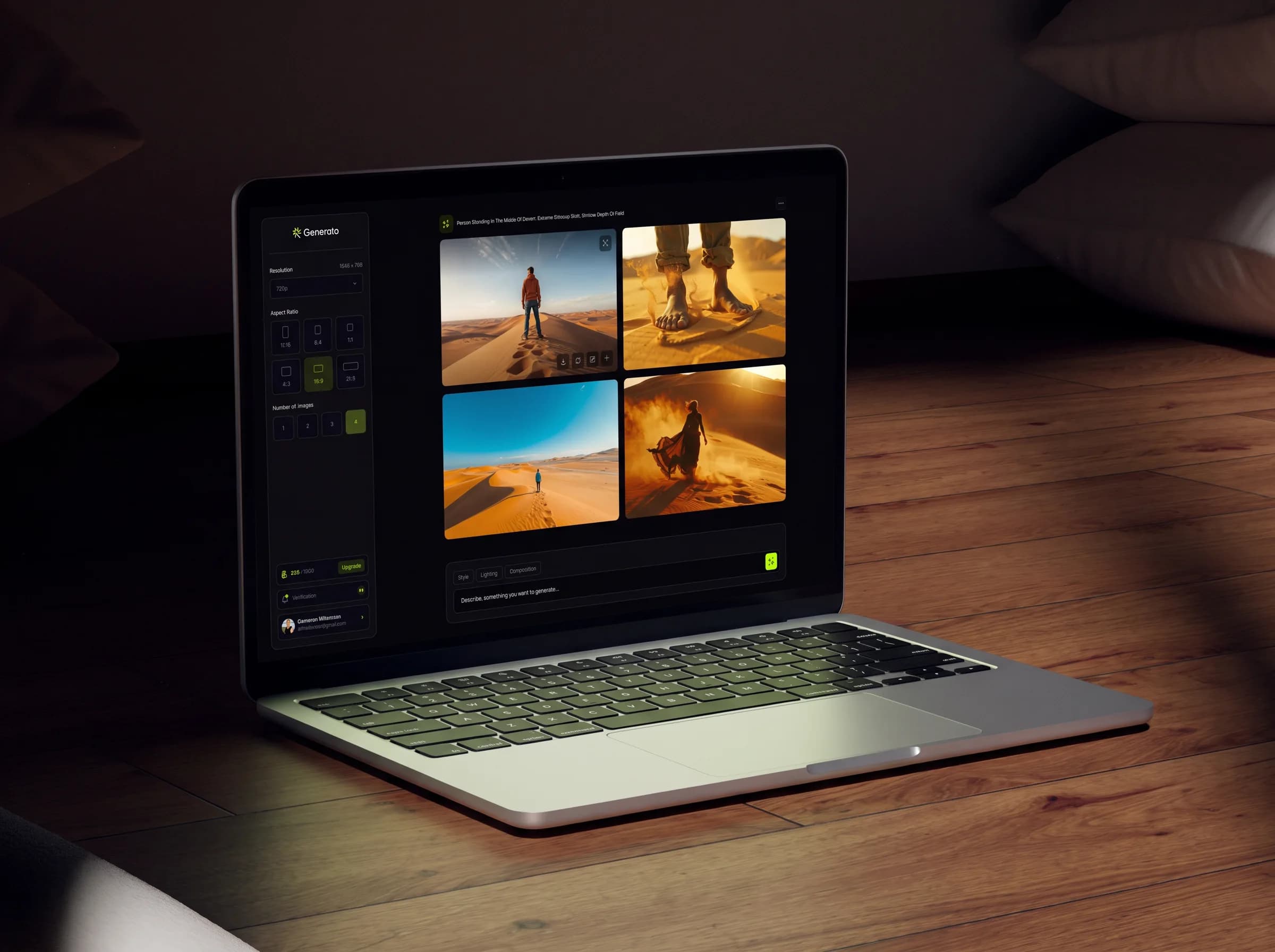 Generato canvas with four generated desert images on a desktop display against lime