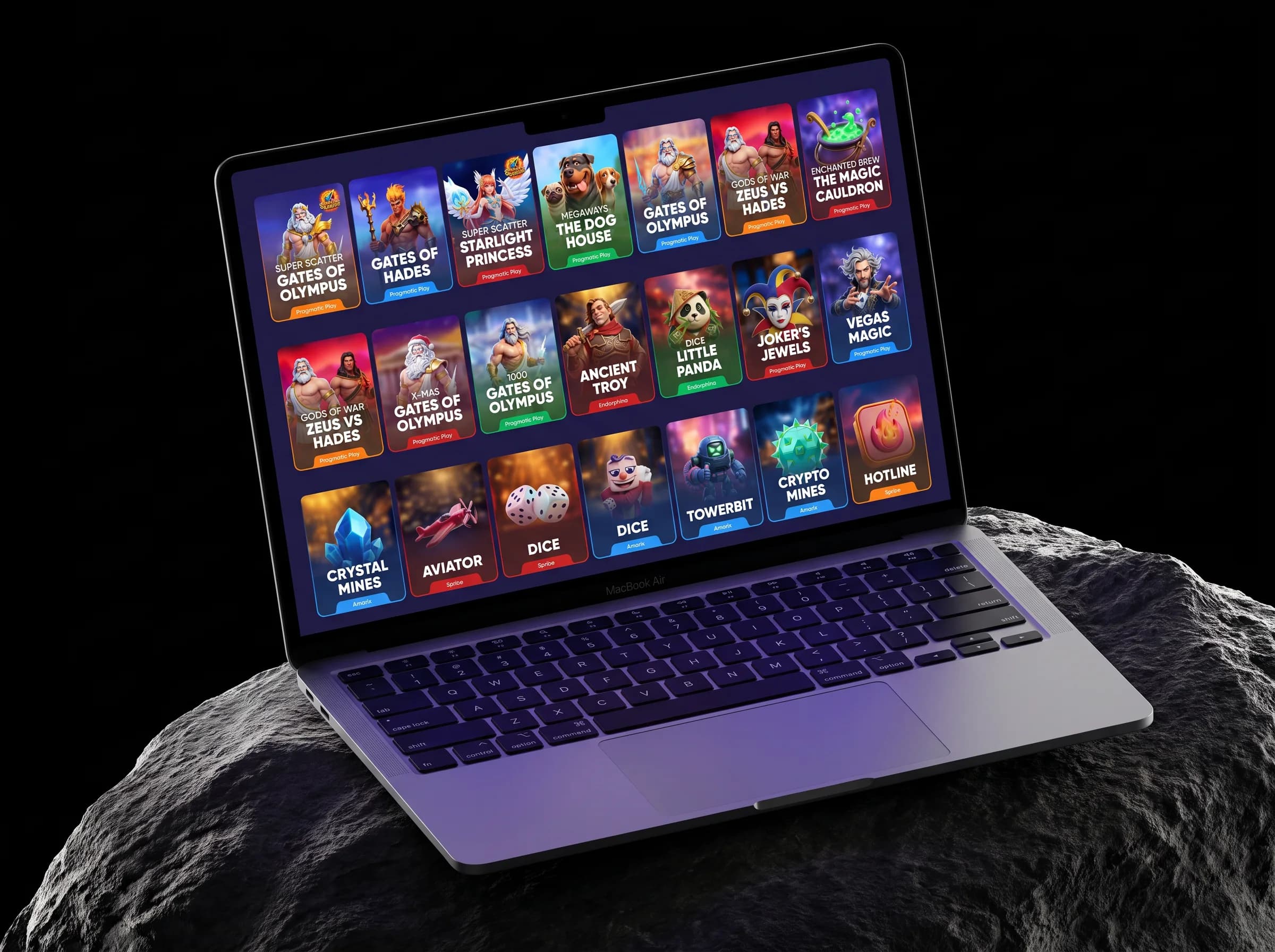 Marketing automation: the game card catalog on a MacBook resting on dark rock