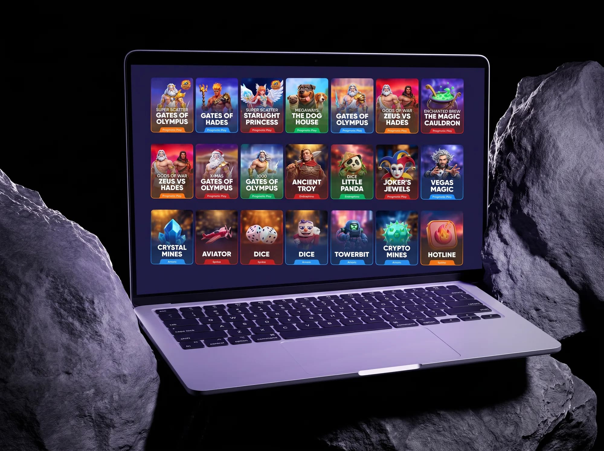 The game card wall on a MacBook Air between two rocks, from the left