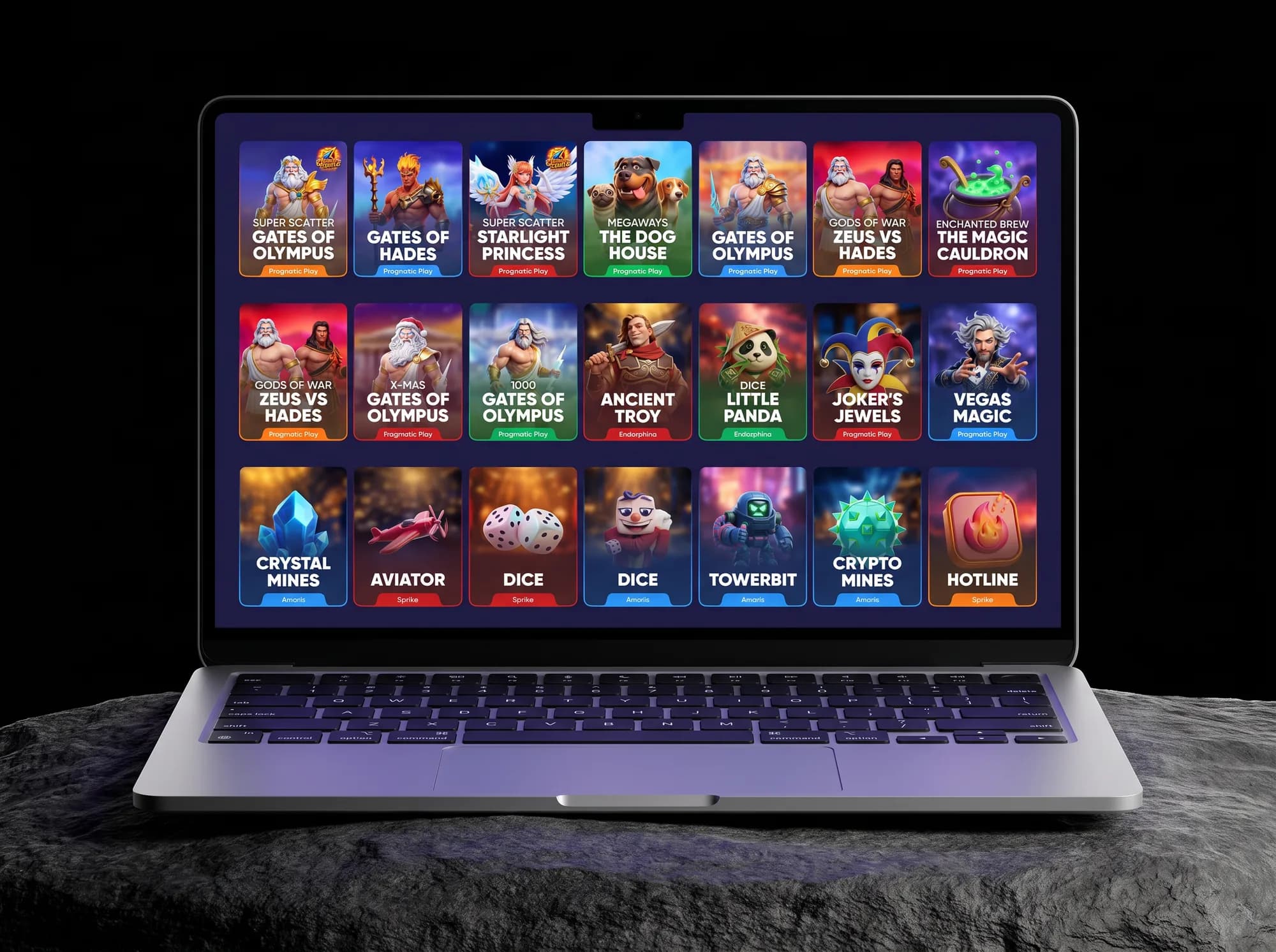 The game card wall on a MacBook Air on a rock, from the right