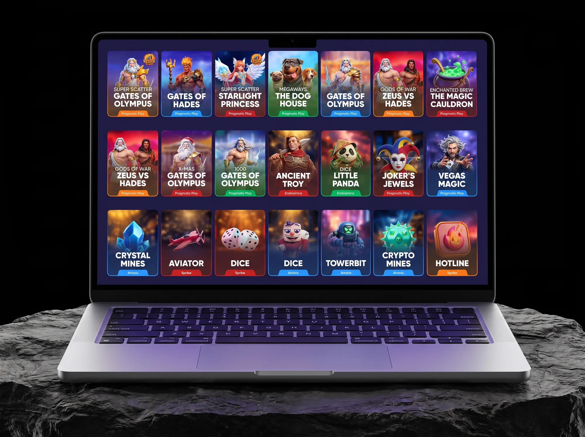 The game card wall on a MacBook Air on a low rock