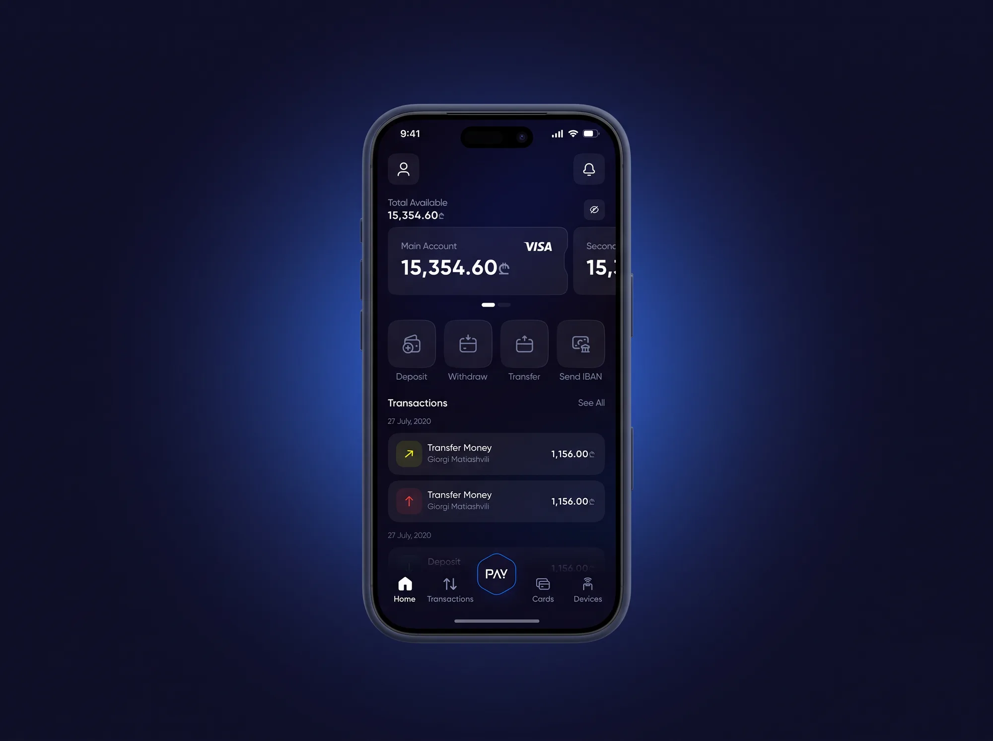 MultiPay on an iPhone in a navy case, frontal