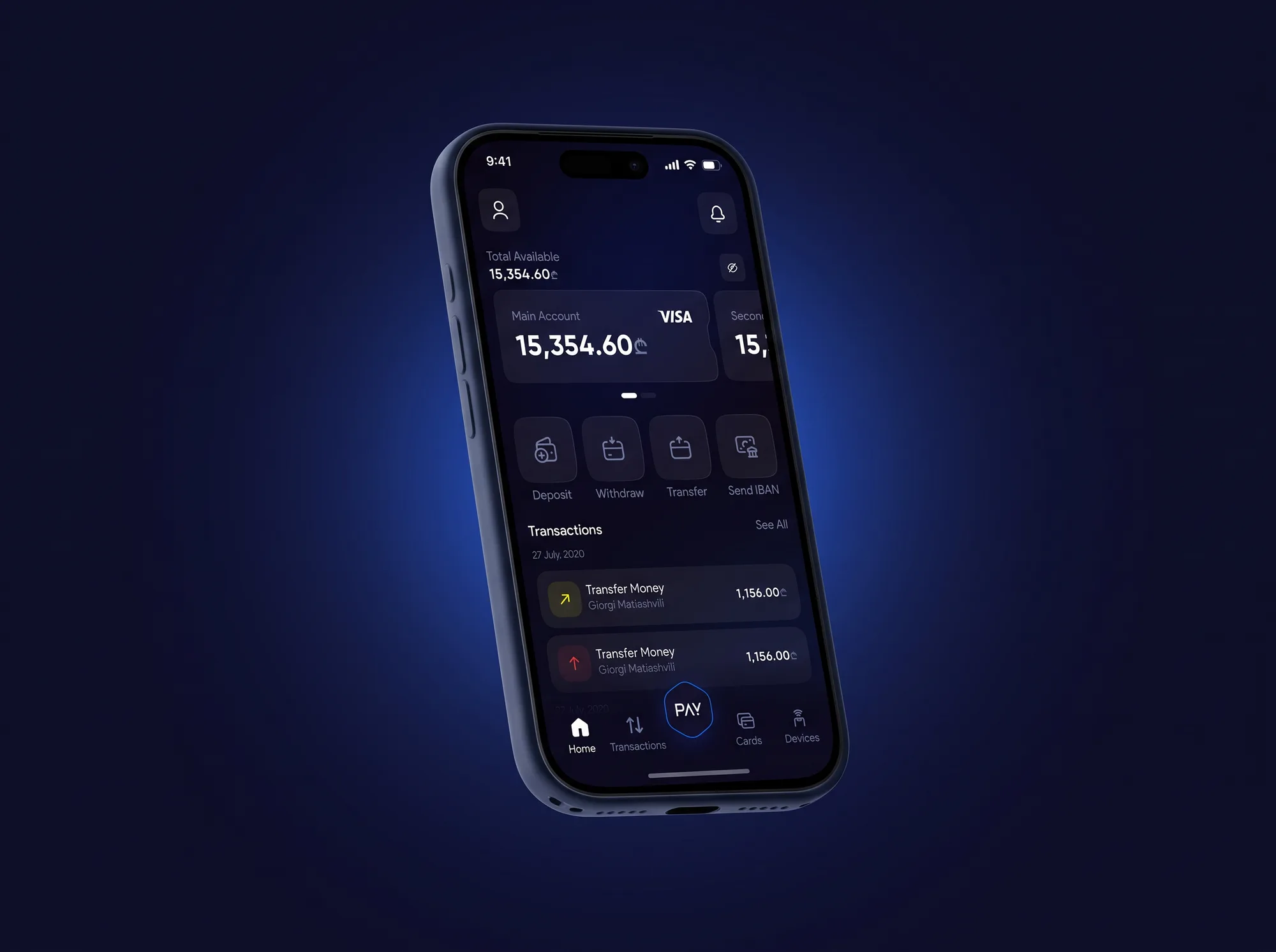 MultiPay on an iPhone in a navy case, tilted