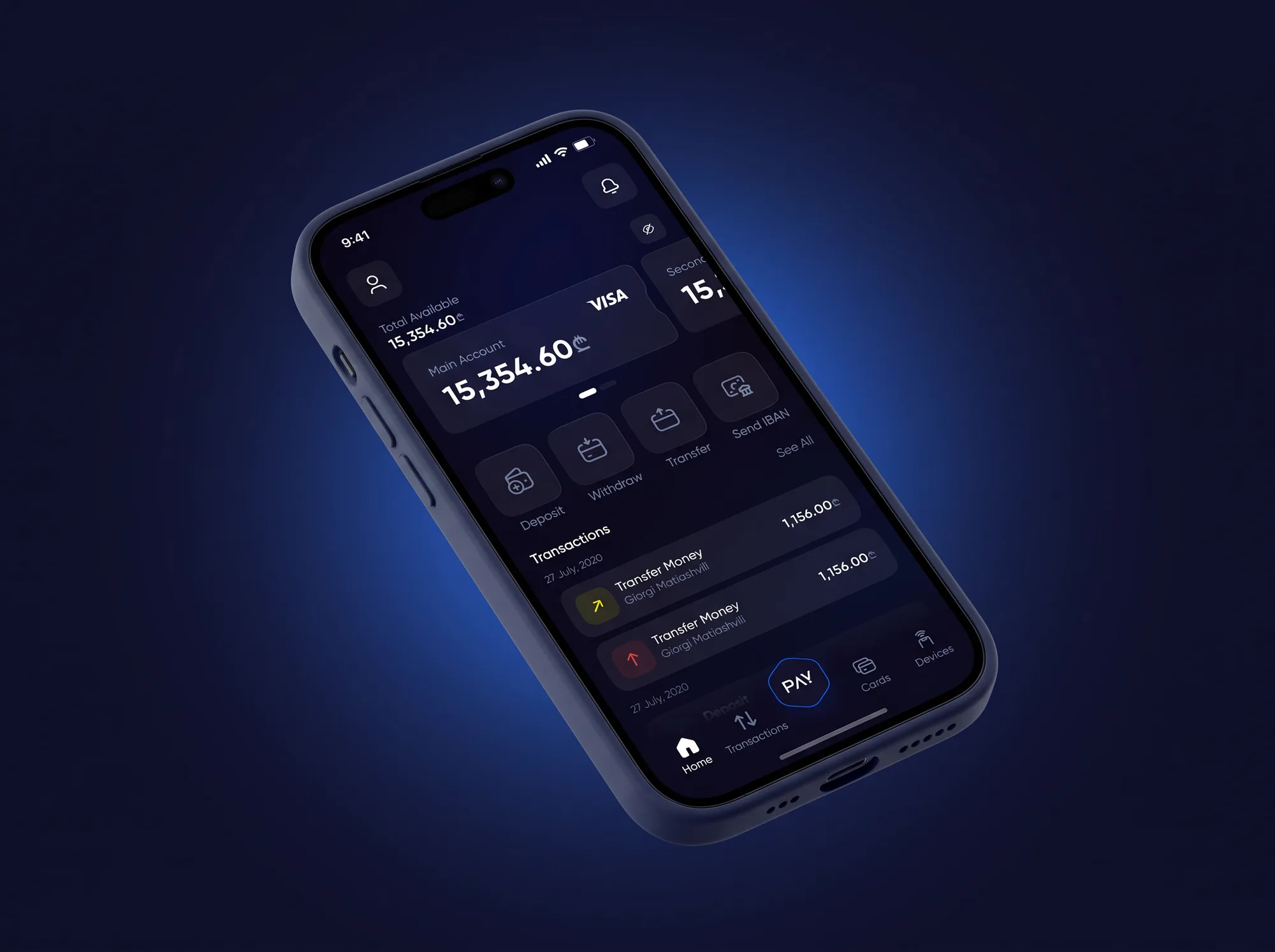 MultiPay on an iPhone in a navy case lying on a navy ground