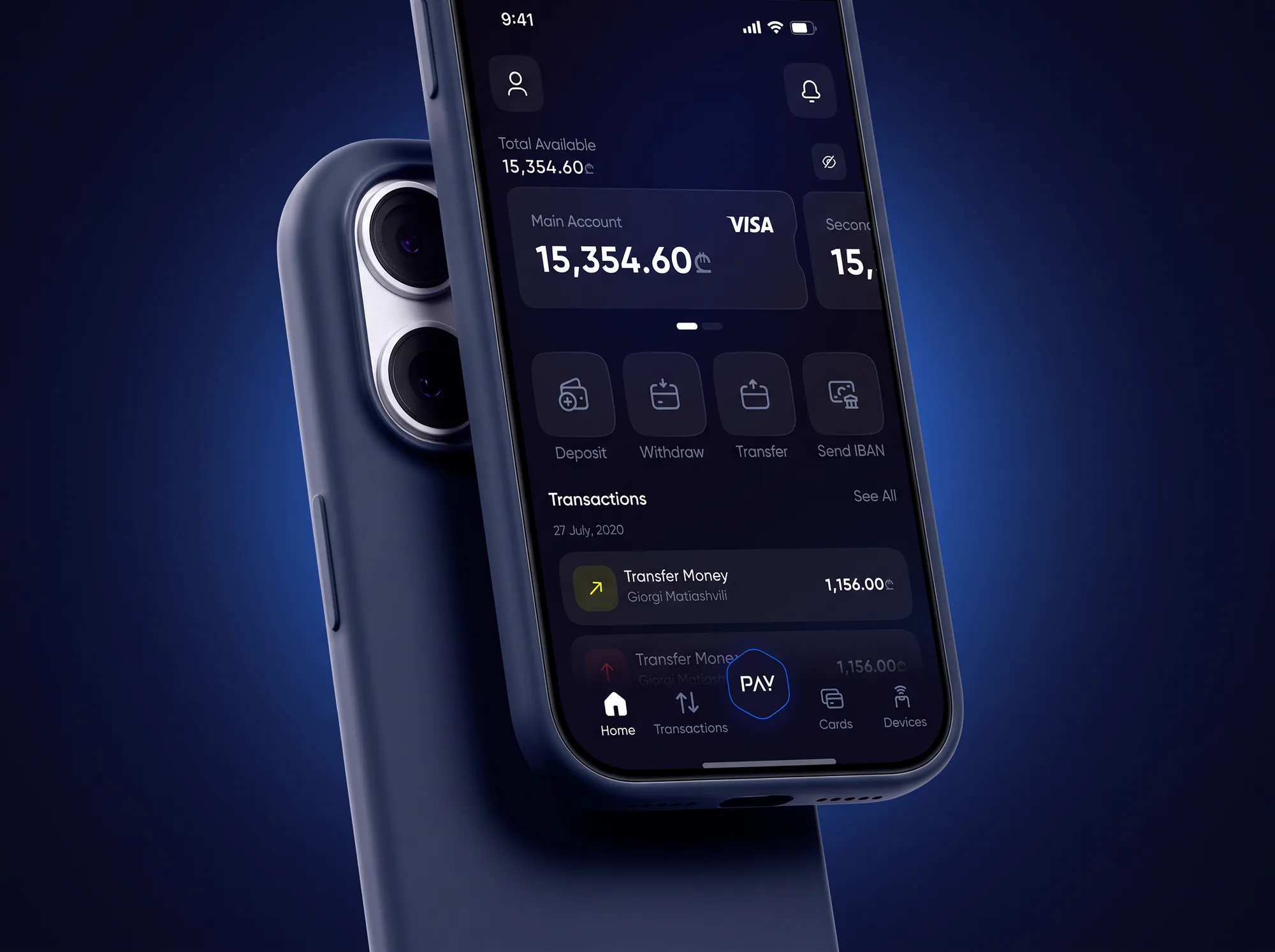 MultiPay on an iPhone in a navy case, close on the screen