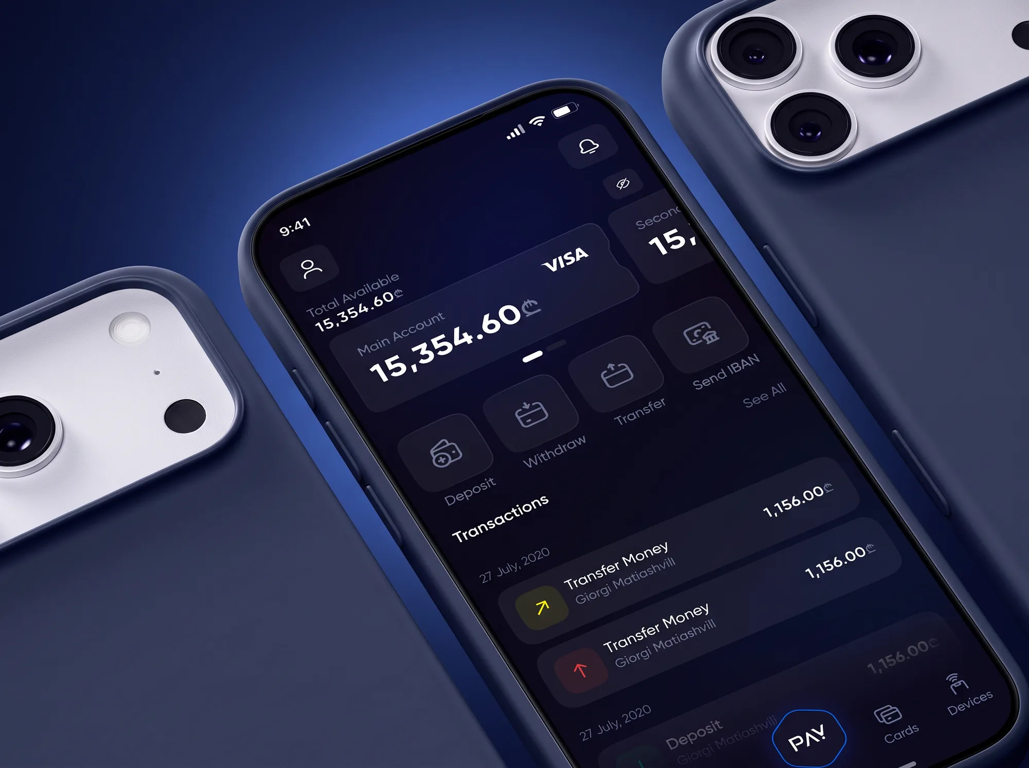 MultiPay on two iPhones in navy cases, macro