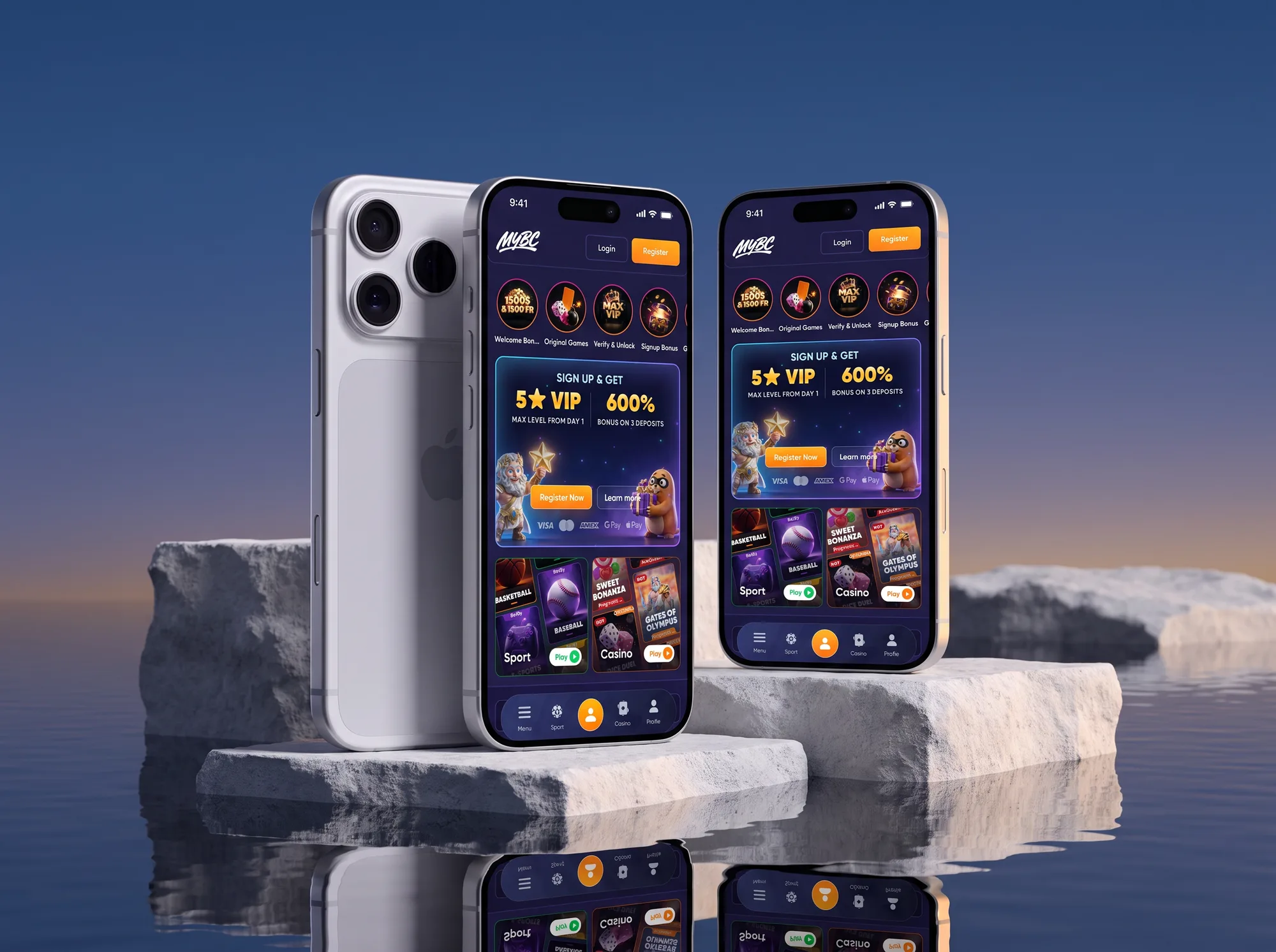 MYBC app on two iPhones leaning on pale stone blocks over dusk water