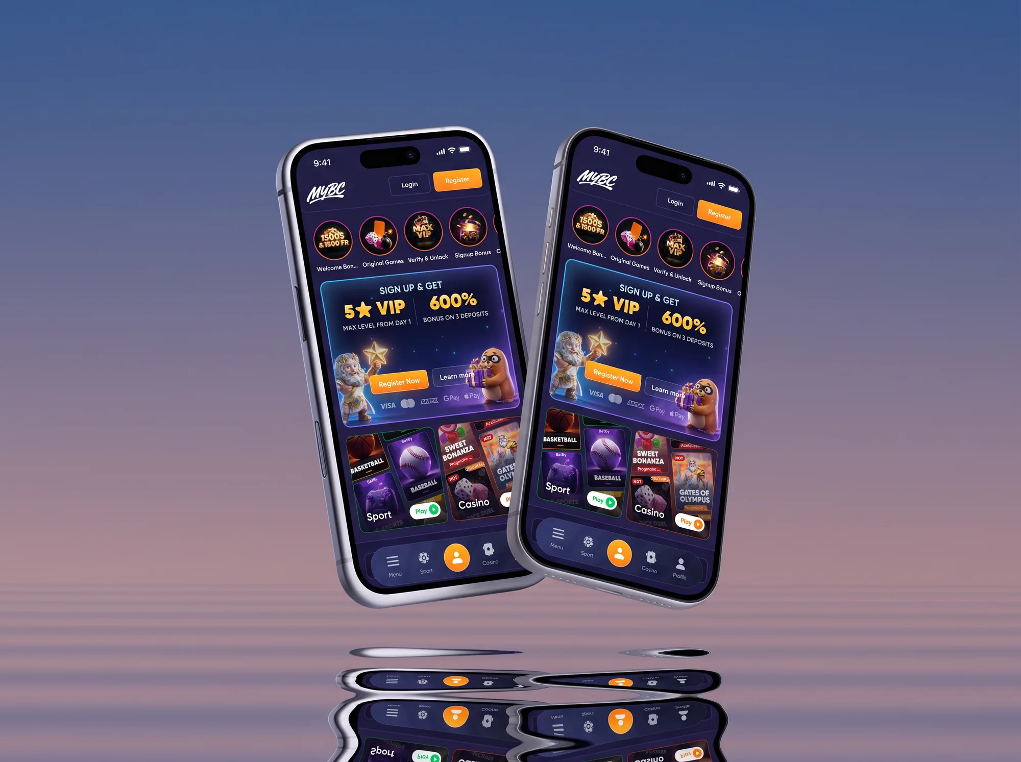 MYBC app on a pair of iPhones floating over dusk water