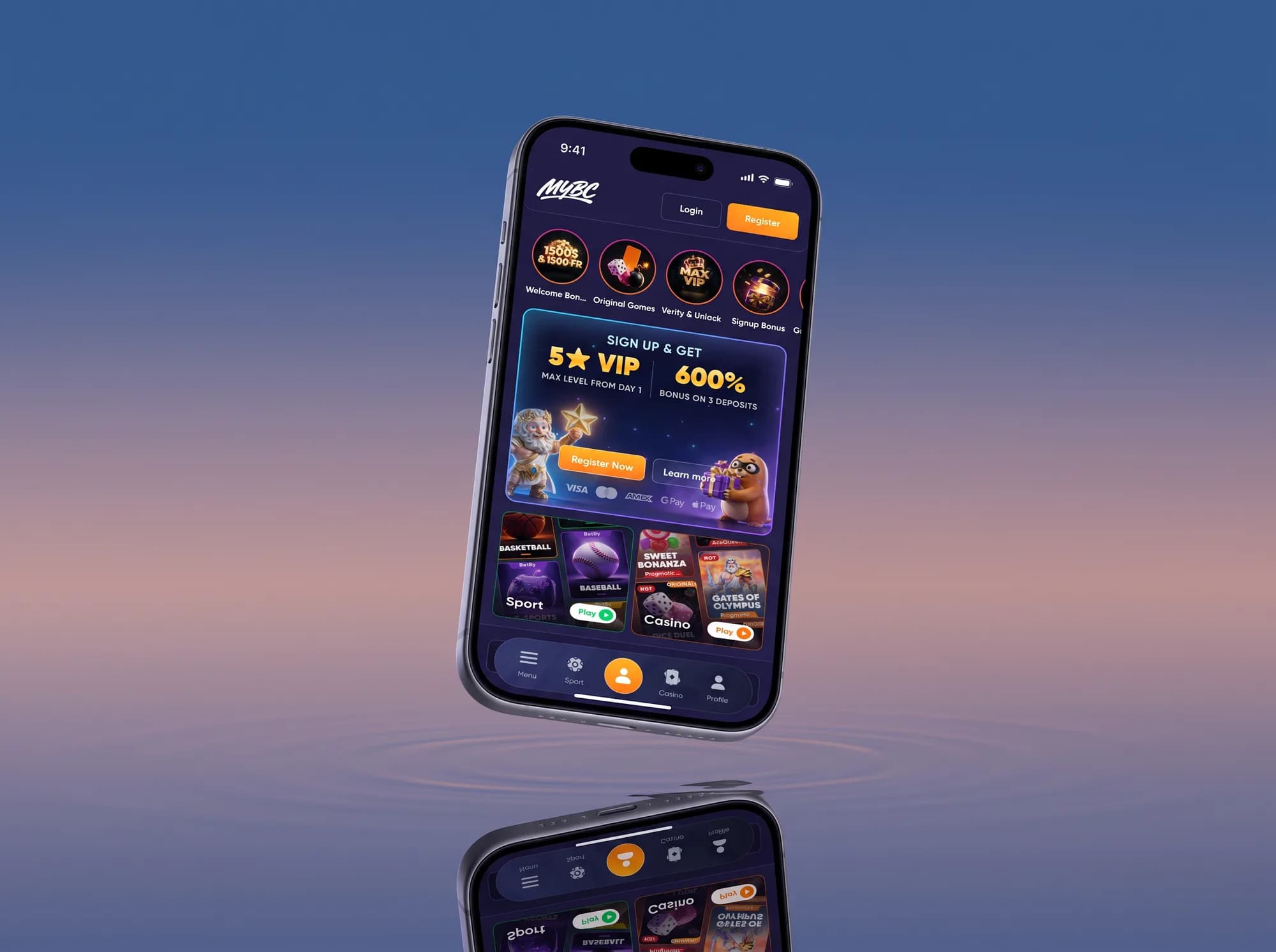 MYBC sign-up banner, close on the phone screen over water