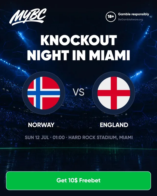 Automato pre-match ad: Norway and England flags in circles, headline Knockout Night In Miami, kickoff line and a green Get 10$ Freebet button