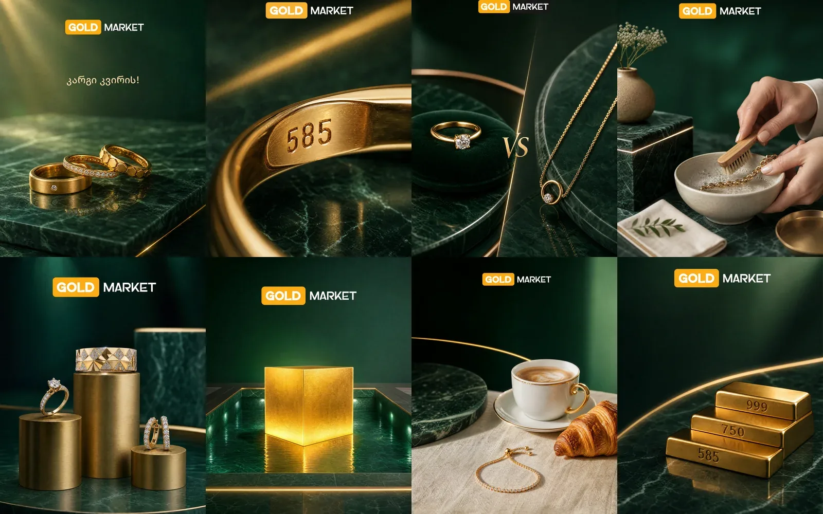Eight Goldmarket Facebook visuals in a strip: rings on green marble, a 585 hallmark, ring versus necklace, a chain being cleaned, gold bars stamped 999 750 585