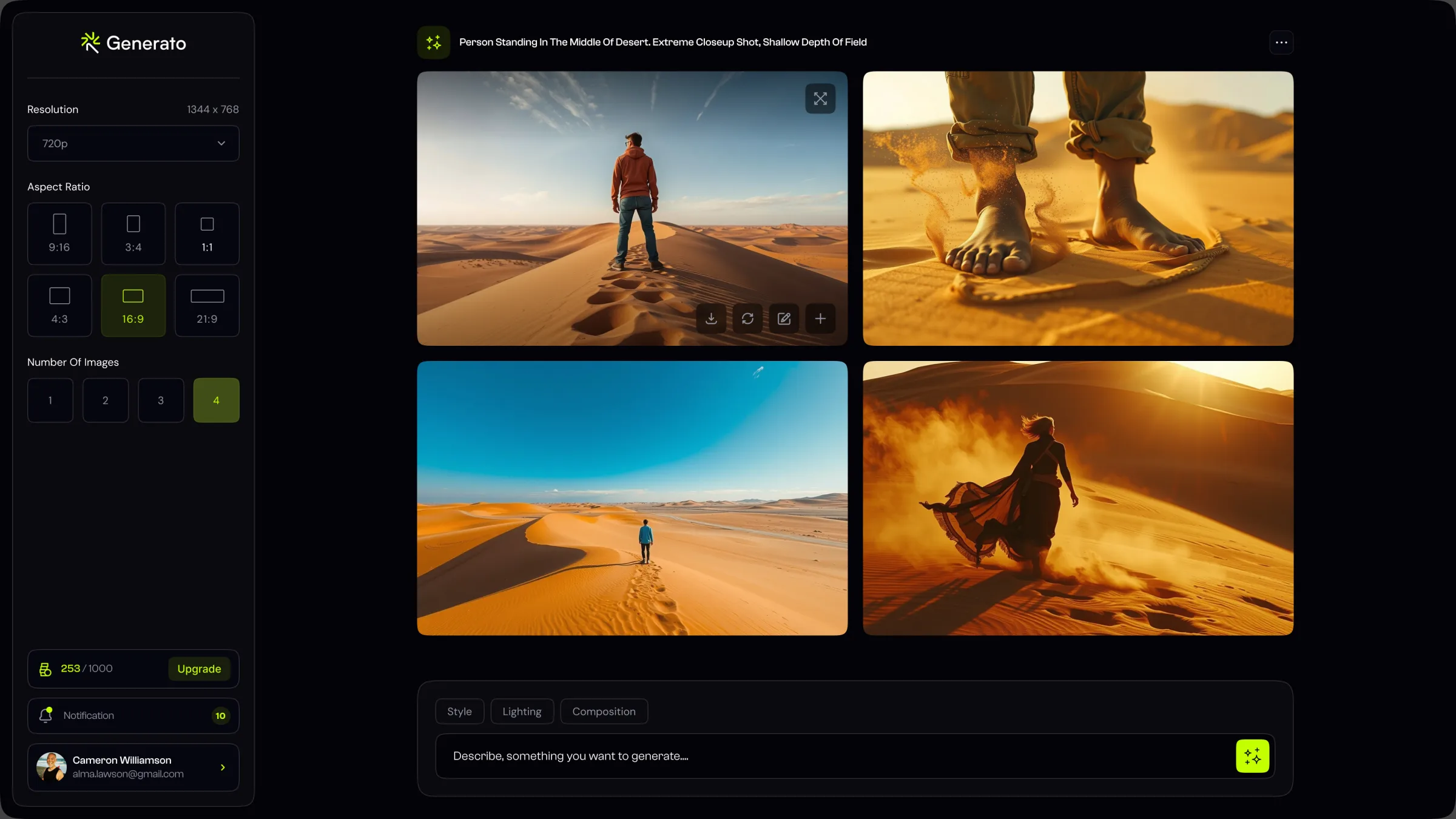 Generato generation canvas — a 2×2 grid of four generated desert images with the prompt bar below
