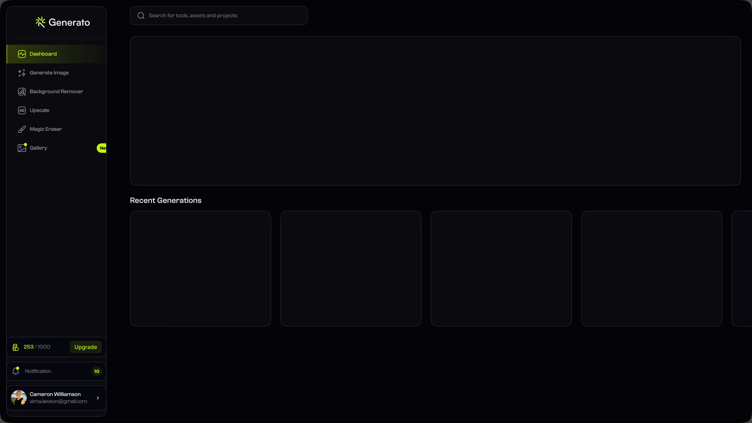 Generato dashboard with sidebar navigation and recent generations