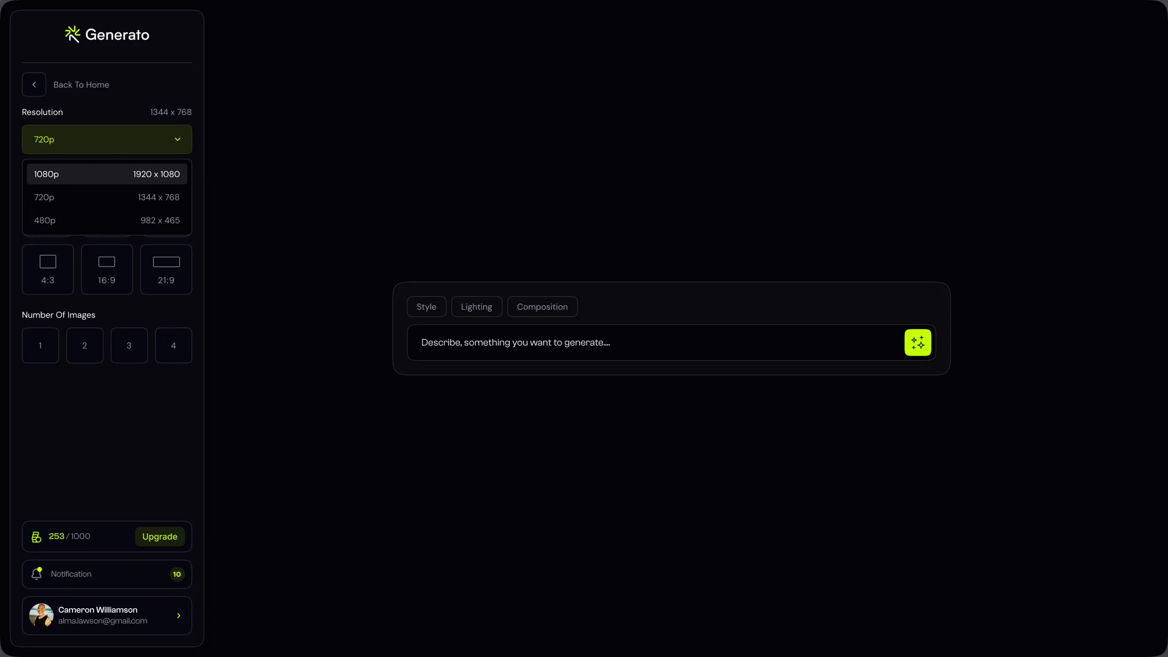 Generation canvas empty state with the prompt bar and style controls