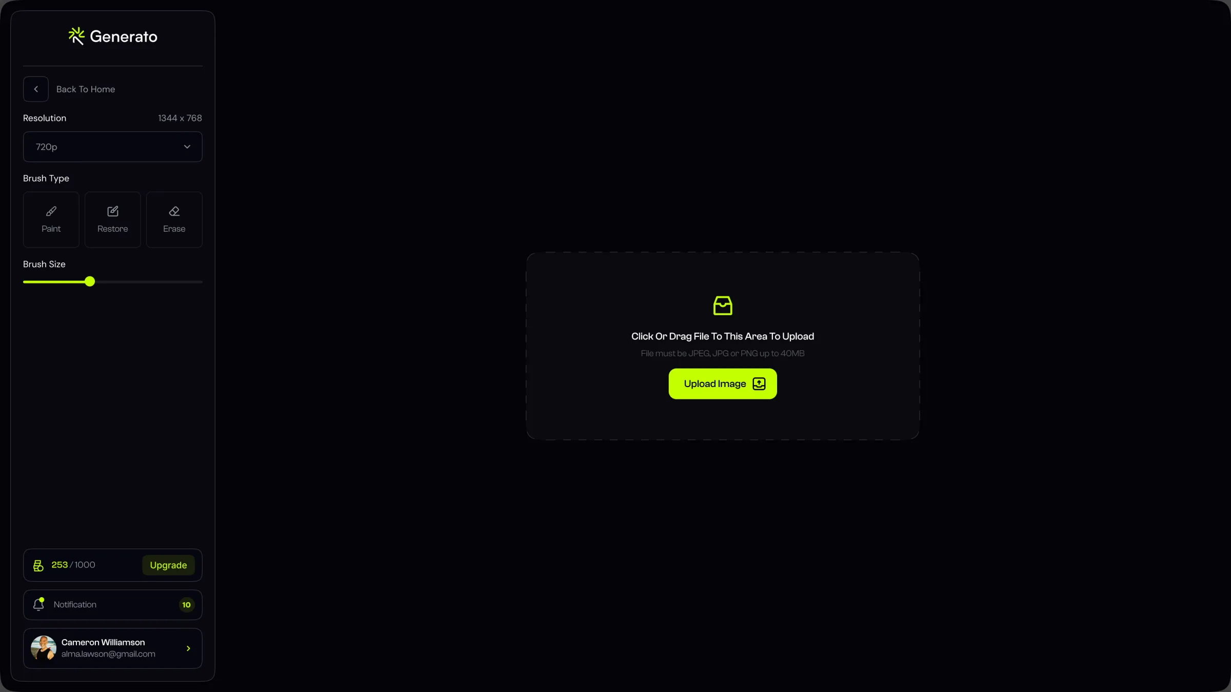 Magic Eraser upload state with brush type and brush size controls