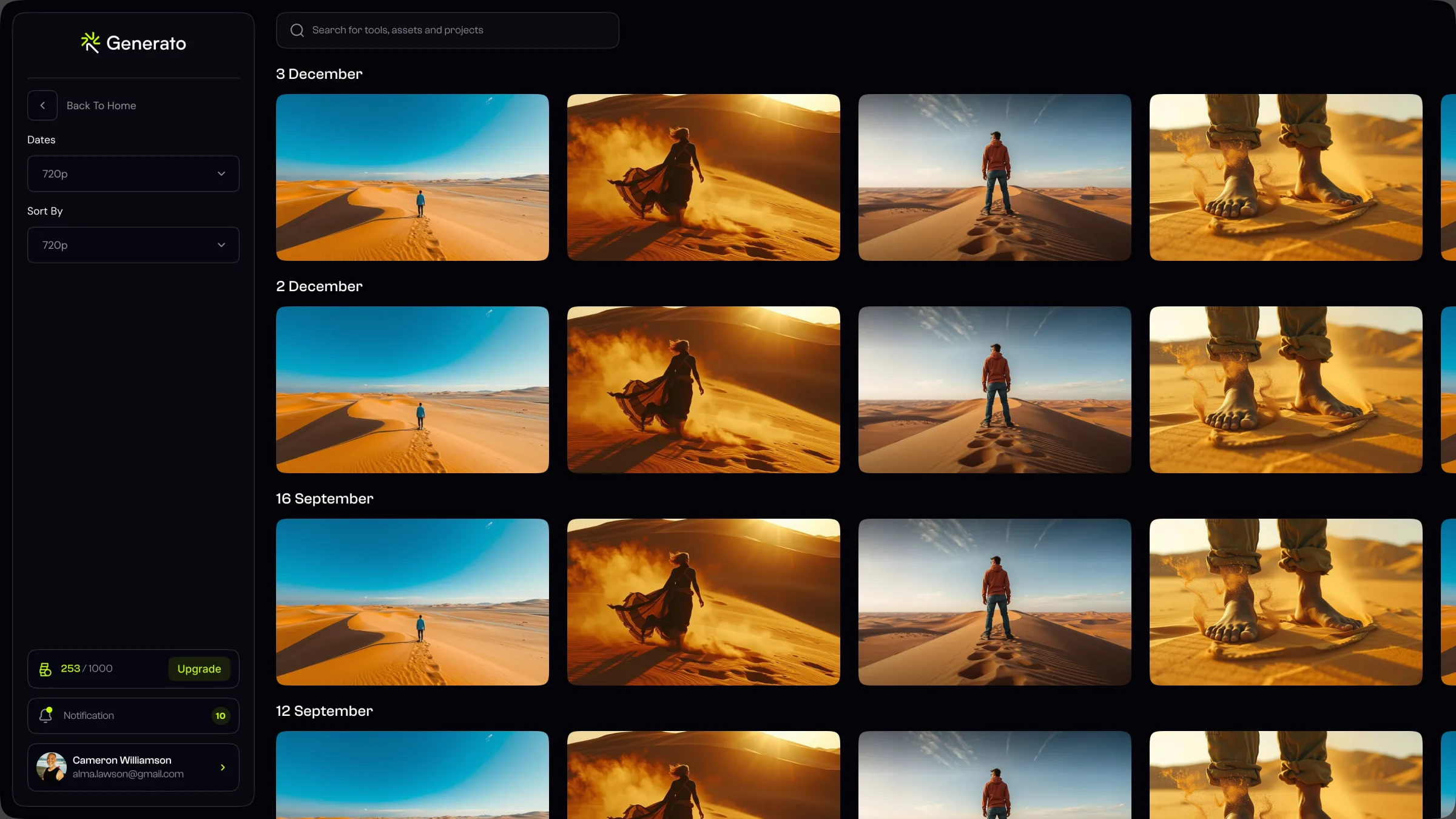 Gallery — date-grouped masonry grid of generated images