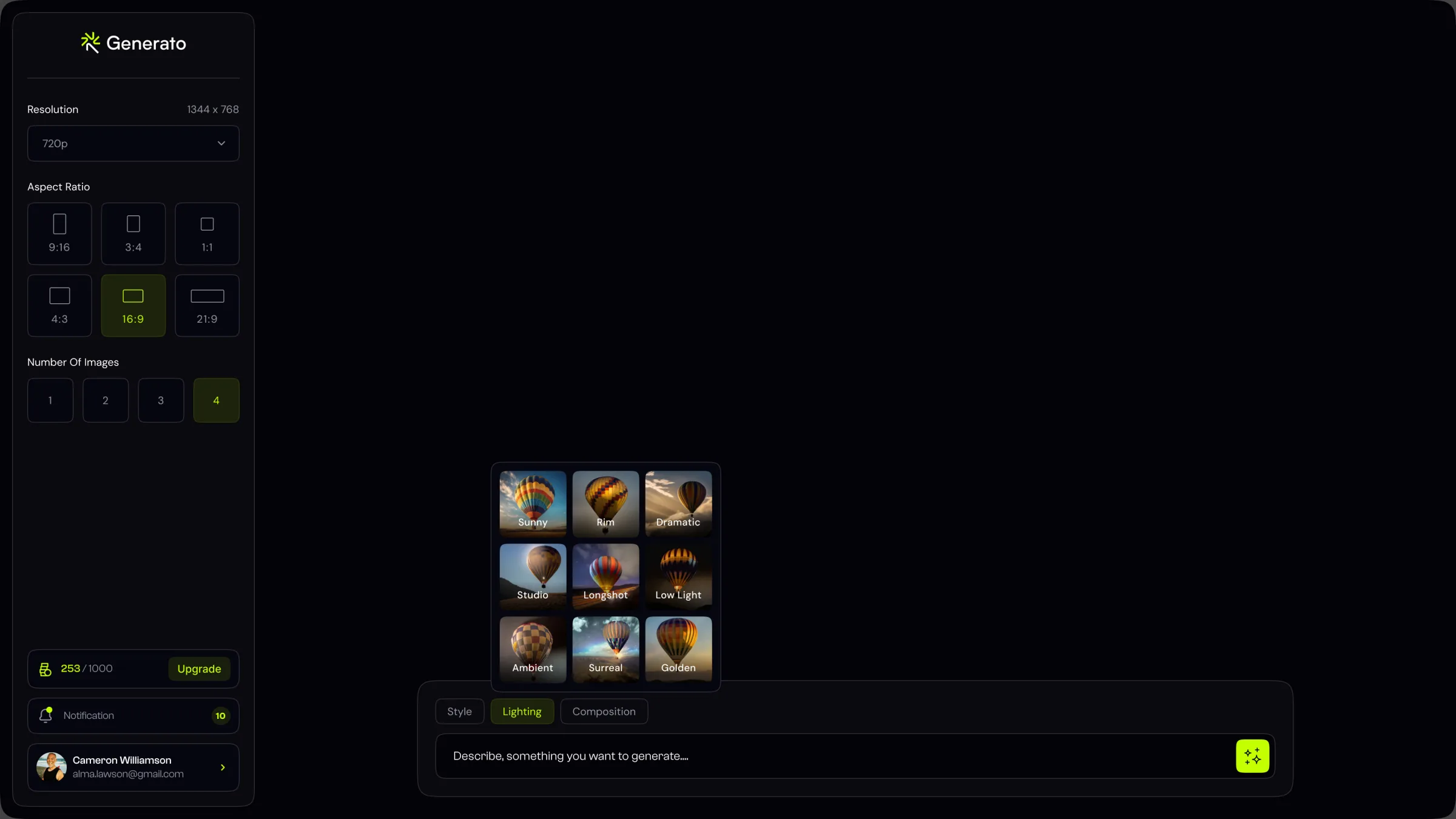 Lighting presets popover with nine lighting conditions on the same subject