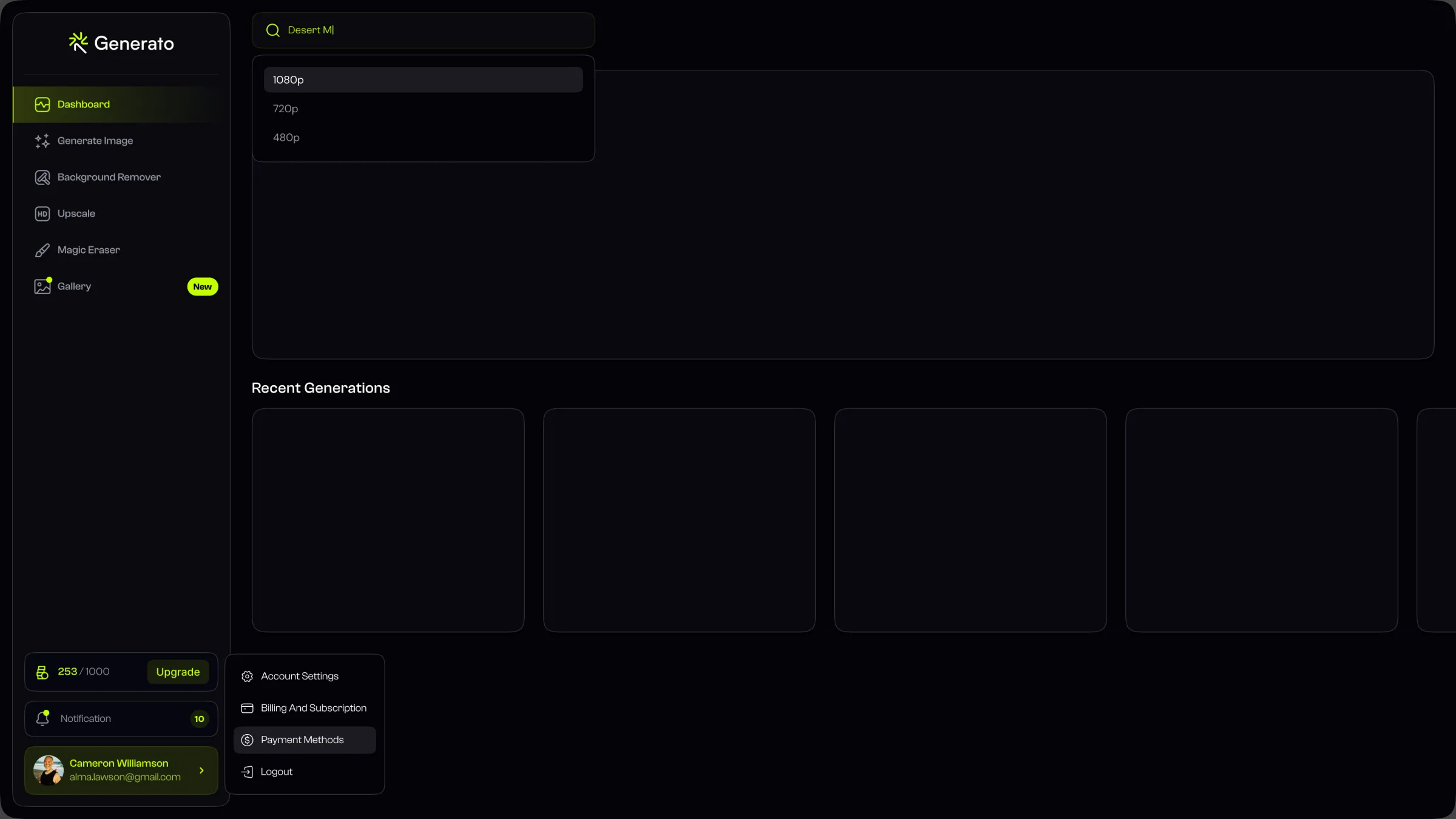 Dashboard mid-interaction with a typed search query and open selects