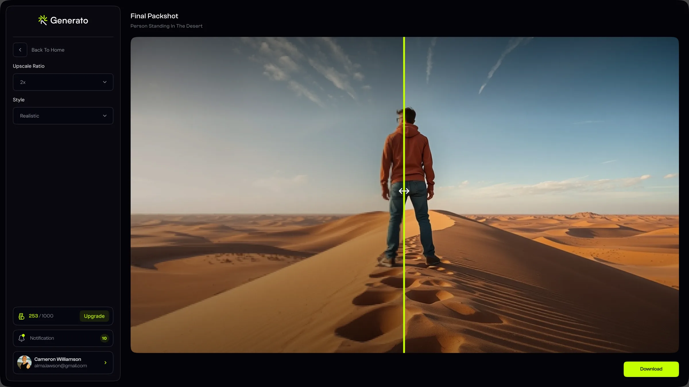 Upscale result with a before/after comparison slider
