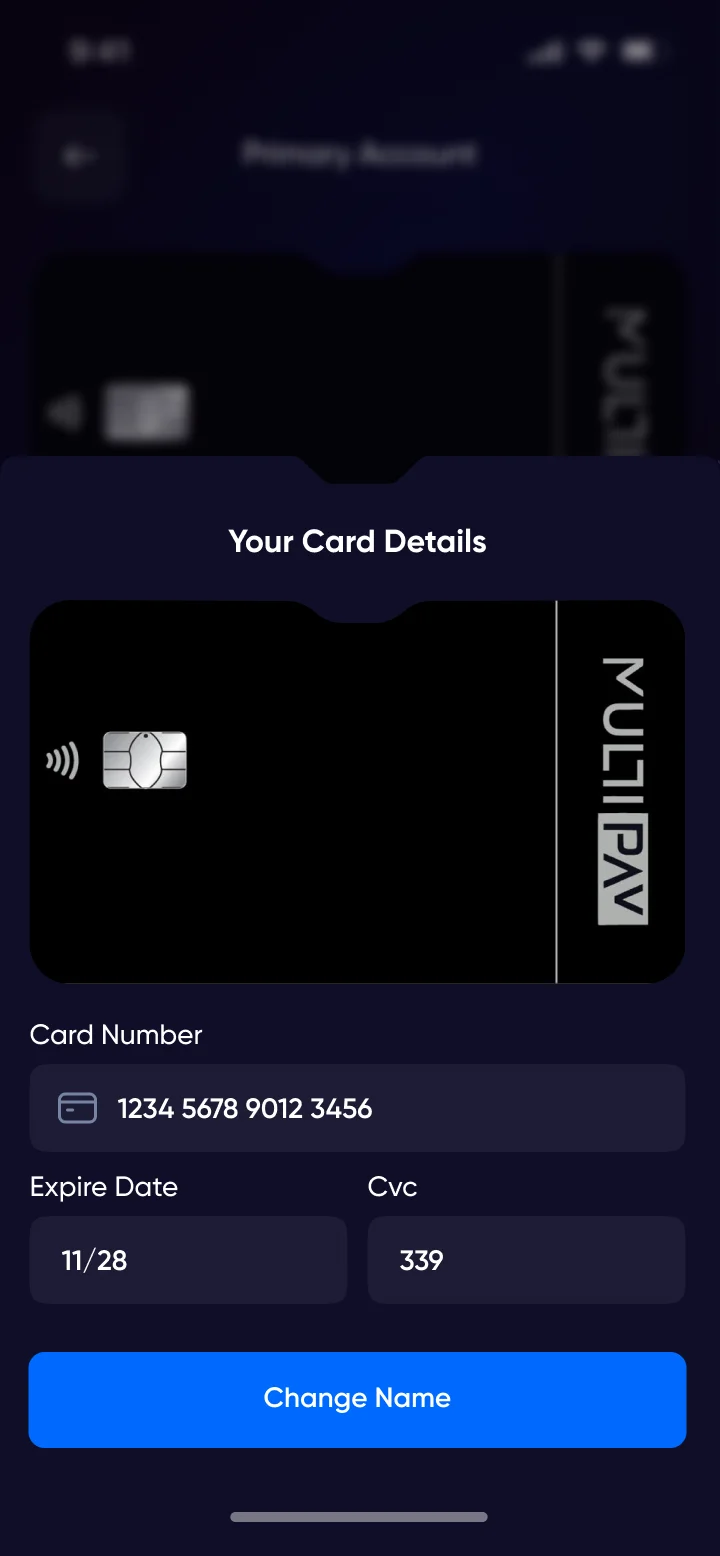 Card details editor — number, expiry, CVC and rename action