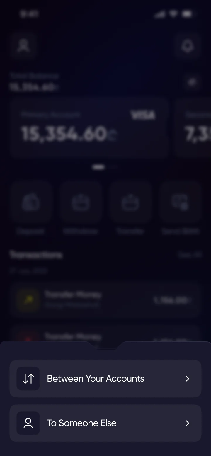 Transfer drawer offering Between Your Accounts or To Someone Else