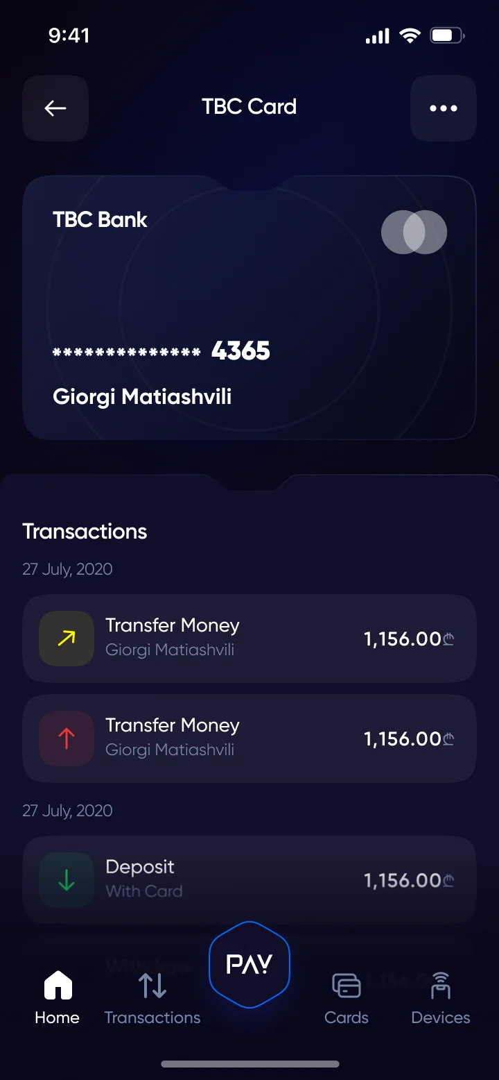 TBC card detail with masked number, active toggle and card transactions