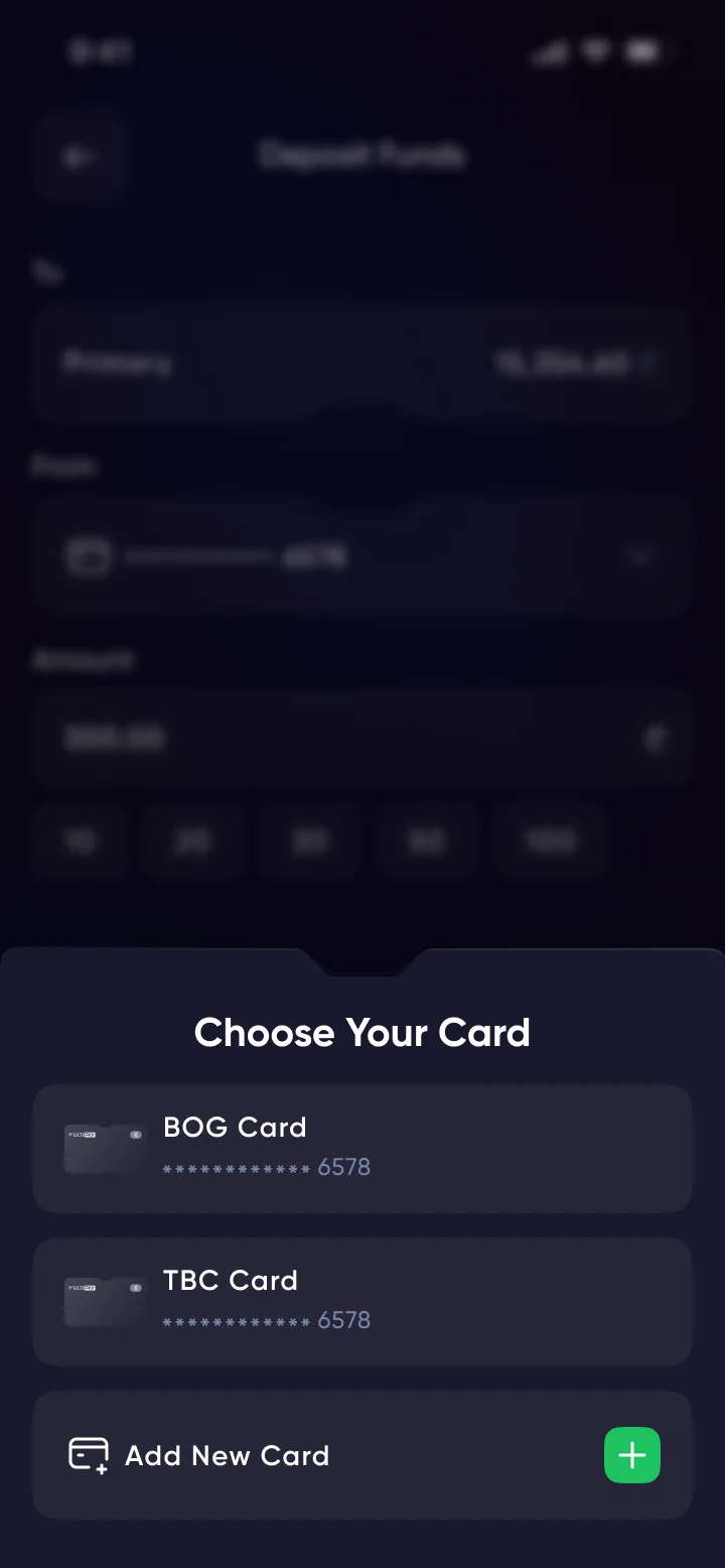 Choose Your Card drawer with saved BOG and TBC cards