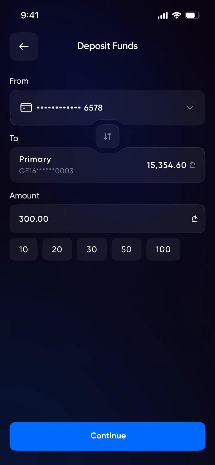 Deposit Funds — from a saved card to the Primary account with an amount field