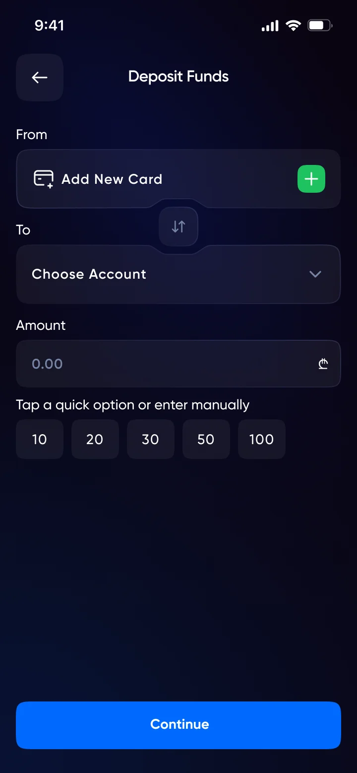First-time deposit — Add New Card and Choose Account empty states