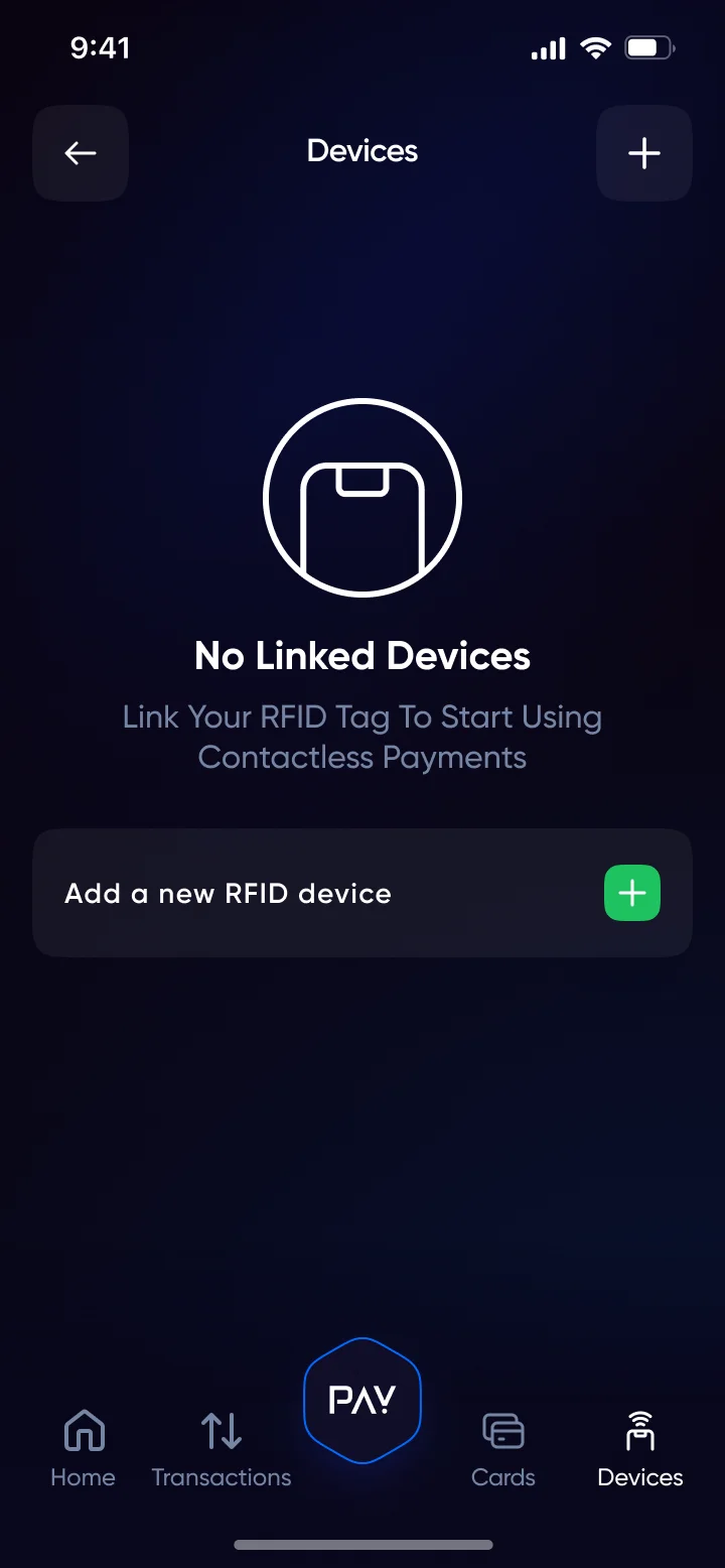 Devices — empty state inviting the user to link an RFID tag