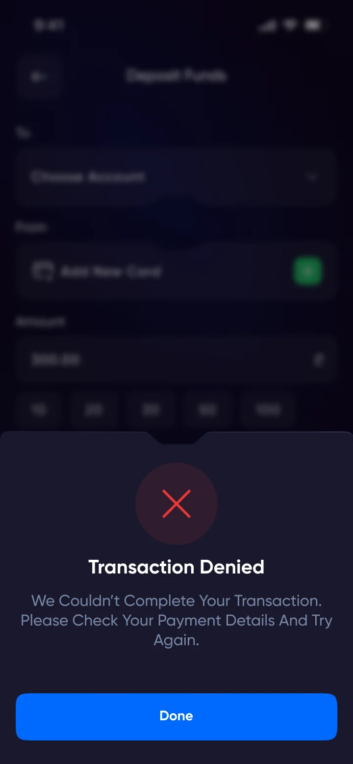 Transaction Denied — full-screen error with a retry path