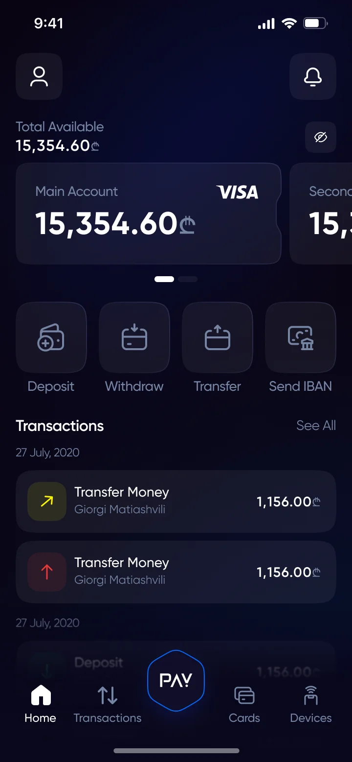 MultiPay home — total available balance, account carousel and quick actions