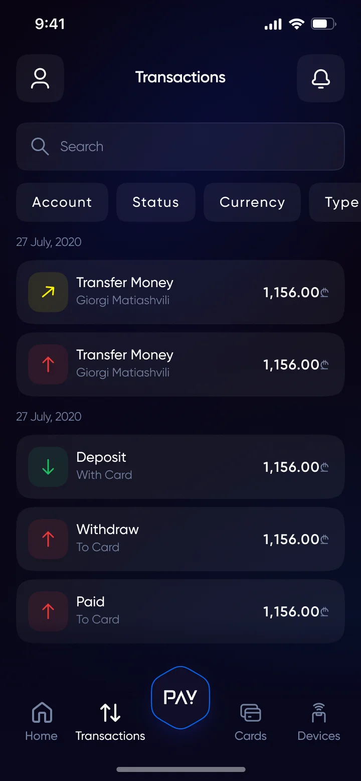 Transactions with search and filter chips for account, status and currency