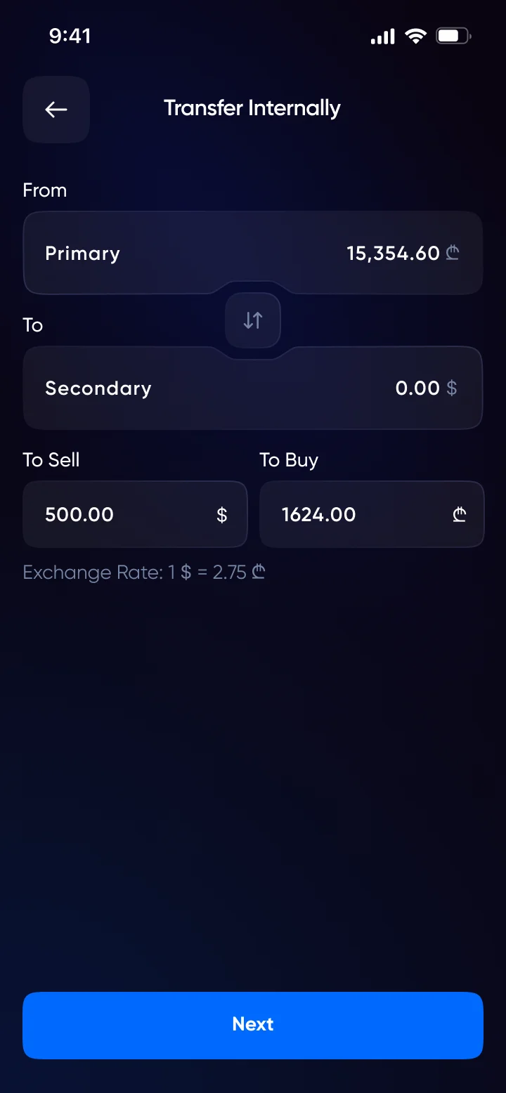 Internal transfer with currency exchange from a lari account to a dollar account