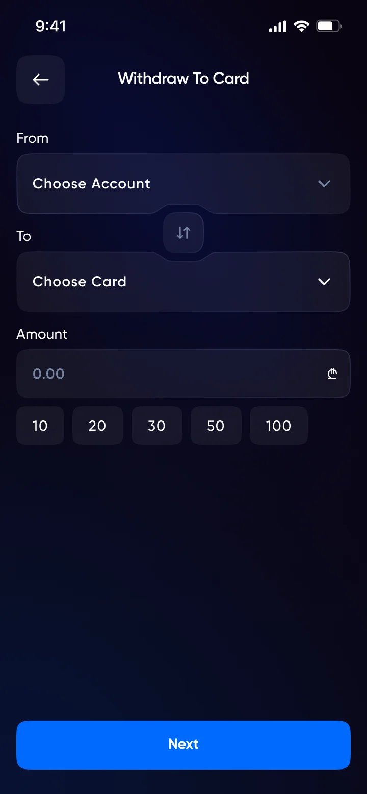 Withdraw To Card — choose account, choose card, amount