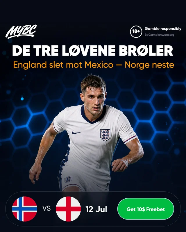 Automato Meta ad in Norwegian — an England player mid-run, headline De Tre Løvene Brøler