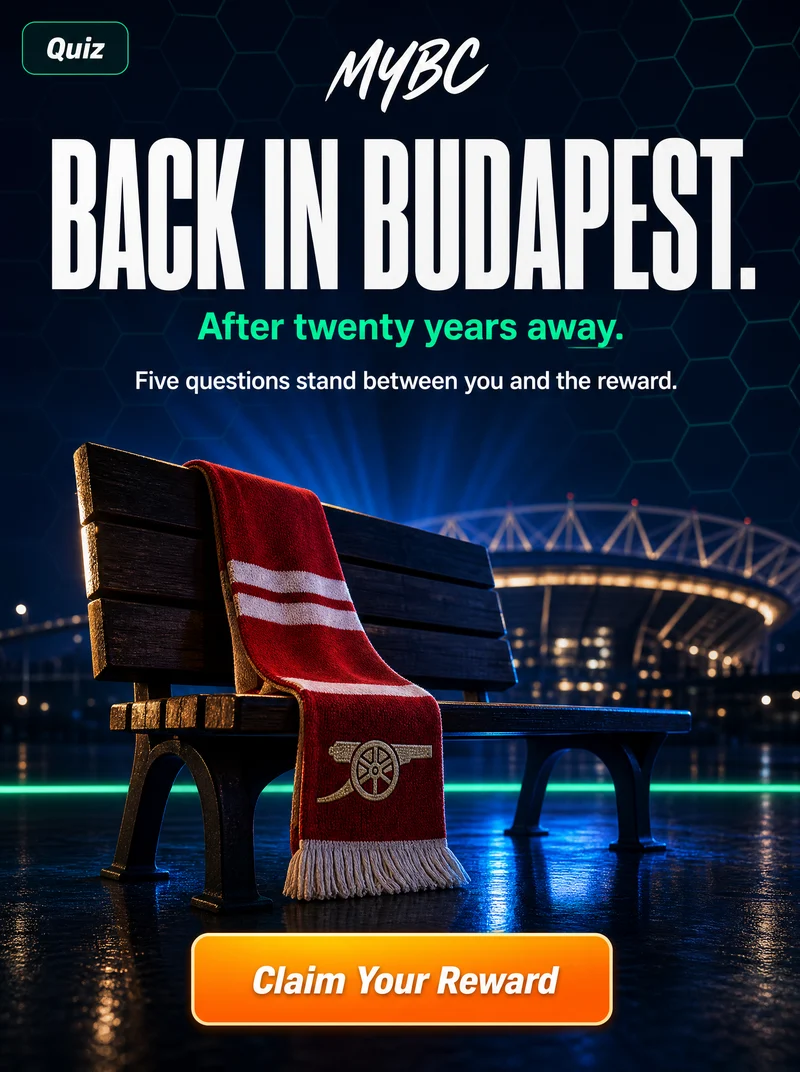 MYBC quiz banner — an Arsenal scarf on a stadium bench at night, headline Back in Budapest