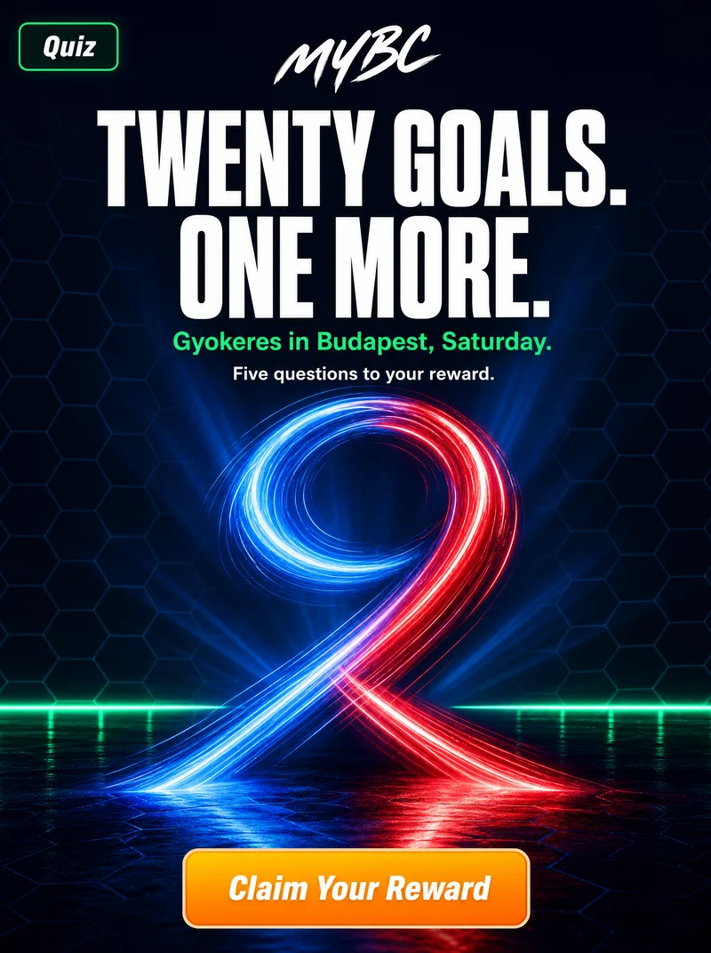 MYBC quiz banner — a glowing number 9 made of red and blue light trails, headline Twenty Goals One More