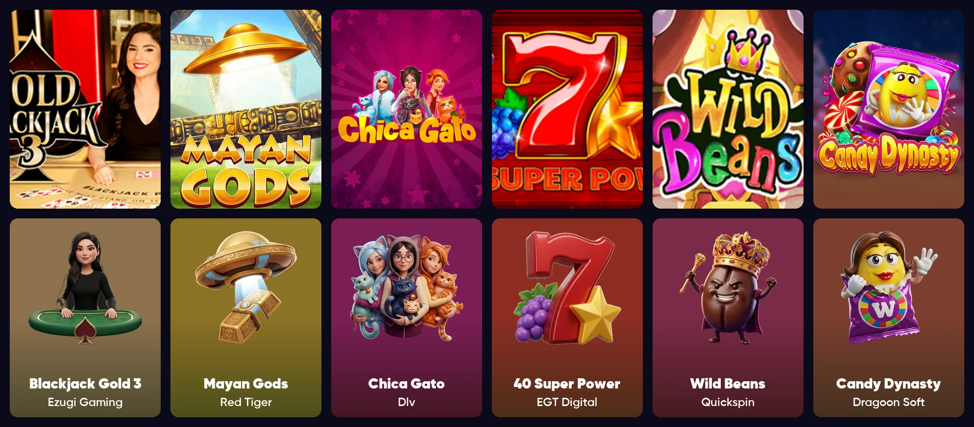 Six provider thumbnails in clashing styles above, the same six games redrawn as unified hero cards below