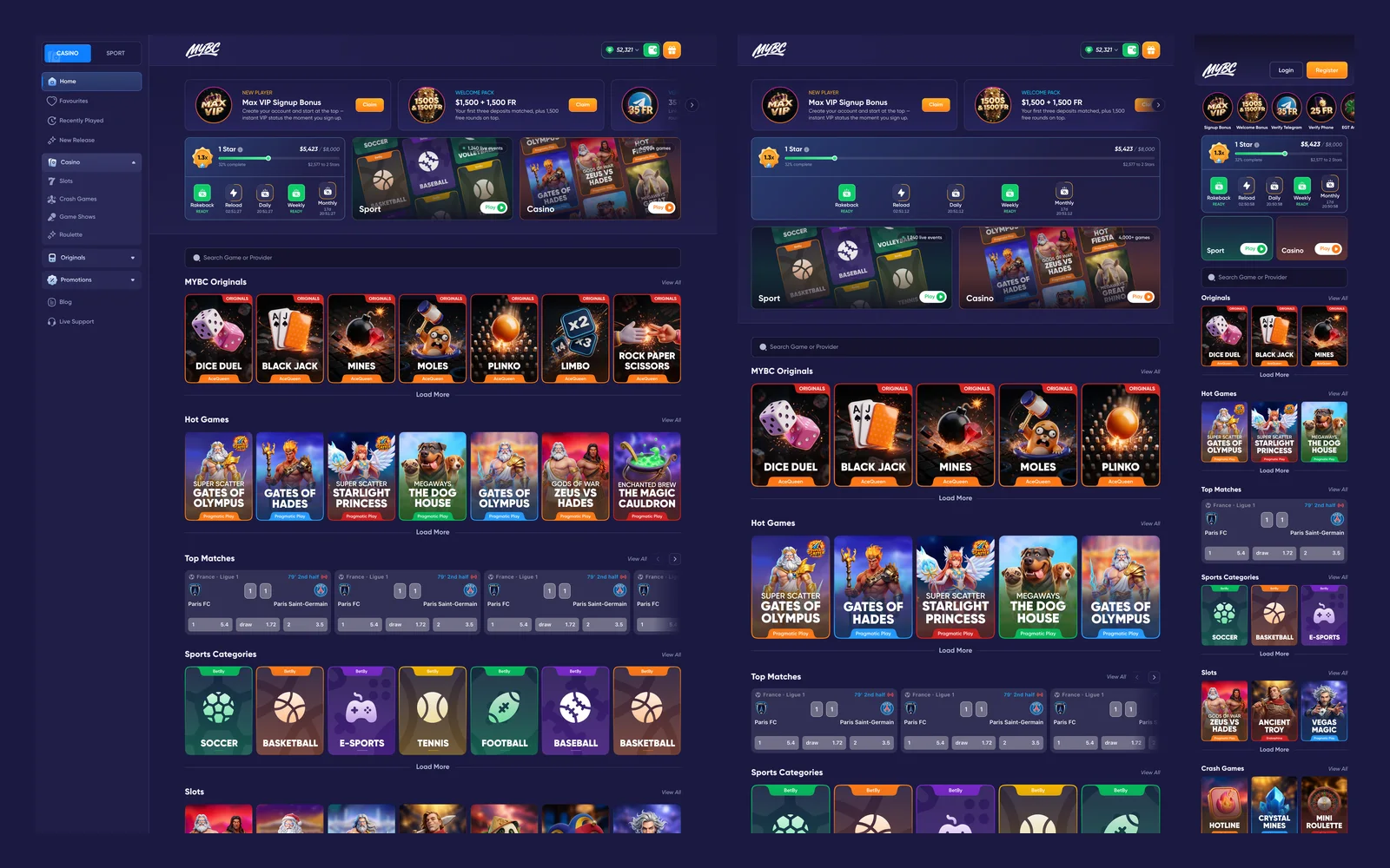 The casino landing shown at desktop, tablet and phone widths side by side