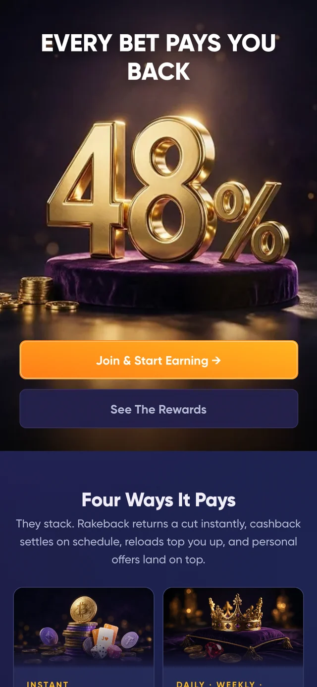 MYBC house edge landing page — a giant gold 48% on a velvet pedestal with coins