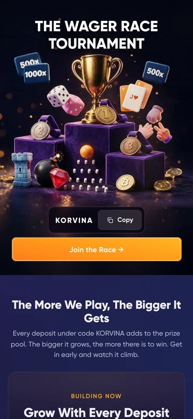 MYBC wager race landing page — a podium with trophy and medals, referral code KORVINA with a copy button