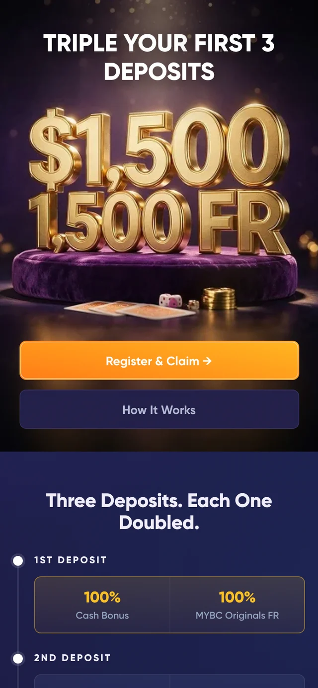MYBC triple deposit landing page — giant gold 3D numerals reading $1,500 and 1,500 FR on a velvet pedestal